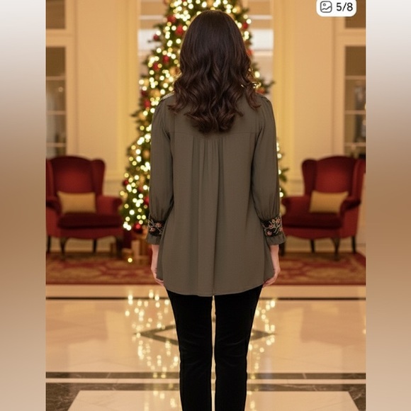 Soft Surroundings Olive Green Velvet trim Blouse - Picture 2 of 10